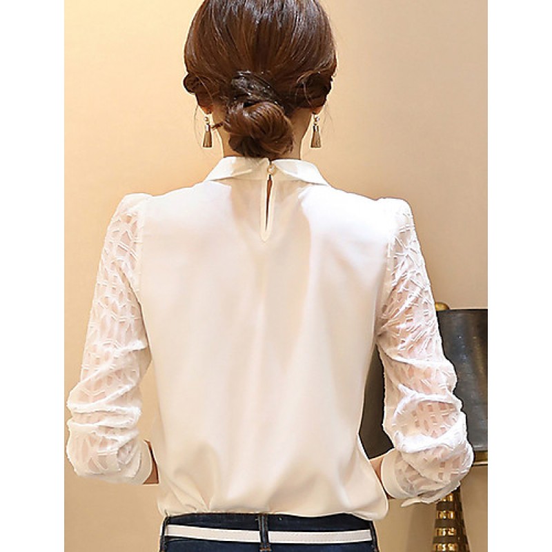 Women's Casual/Daily Simple Spring Shirt,Solid Shirt Collar Long Sleeve White Cotton Medium