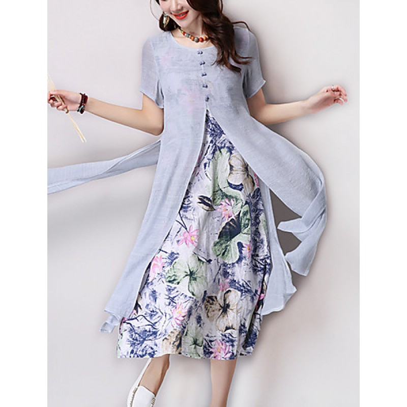 Women's Vintage Ethnic Print Floral Loose Dress,Ca...