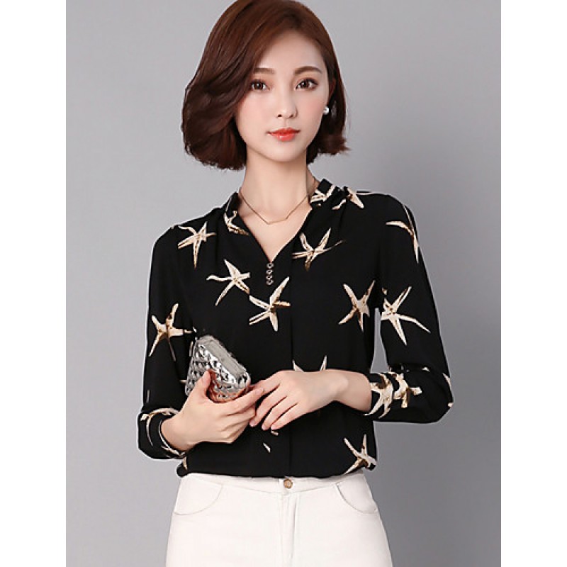 Women's Casual/Daily Street chic All Seasons ShirtPrint Stand Long Sleeve Blue / White / Black Rayon / Polyester Thin