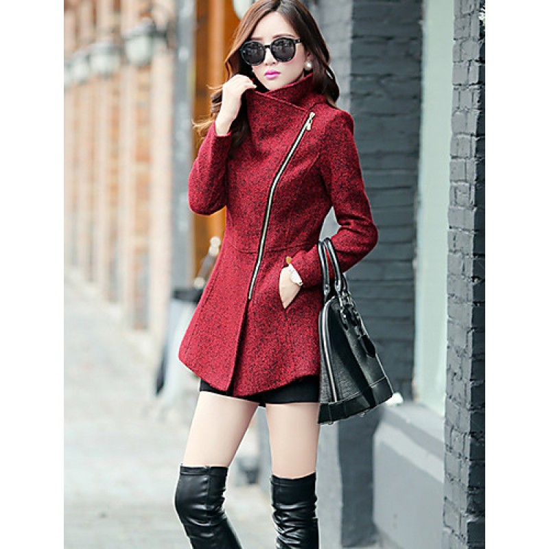 Women's Coat,Solid Long Sleeve Winter Red / Gray Wool / Others Thick