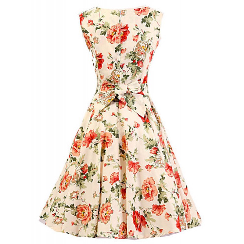 Women's Cream Floral Dress , Vintage Sleeveless 50s Rockabilly Swing Short Cocktail Dress