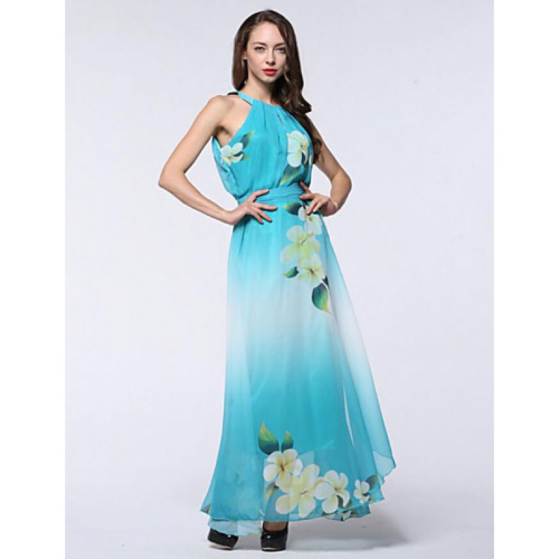 Women's Holiday / Plus Size Boho Chiffon Dress,Print Round Neck Maxi Sleeveless Blue Polyester Summer