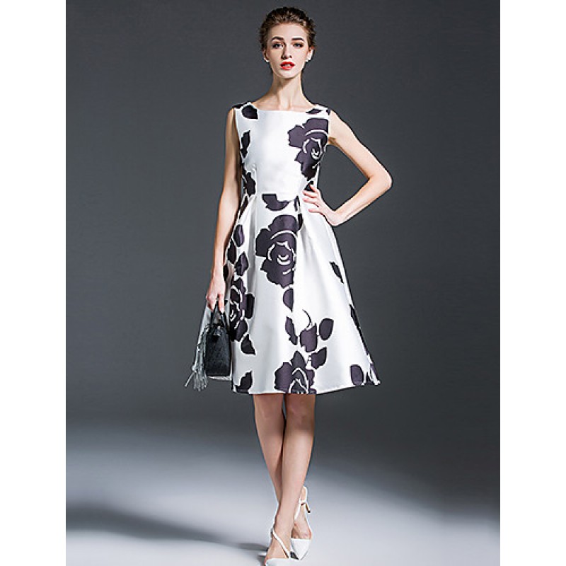 Women's Vintage Floral A Line Dress,Round Neck Knee-length Polyester