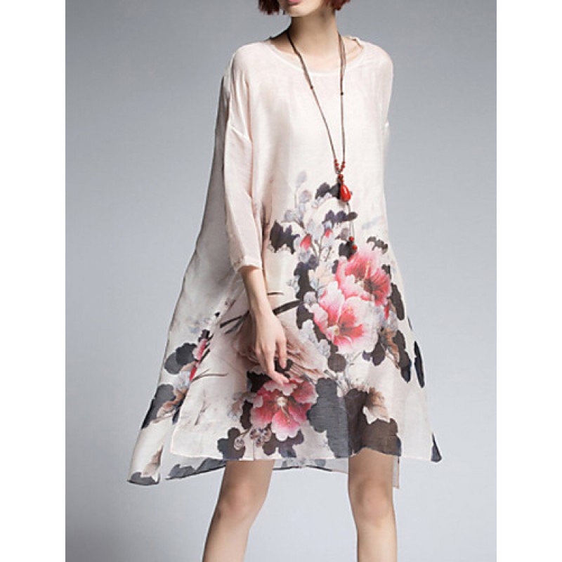 Women's Vintage Floral Loose Dress,Round Neck Asym...