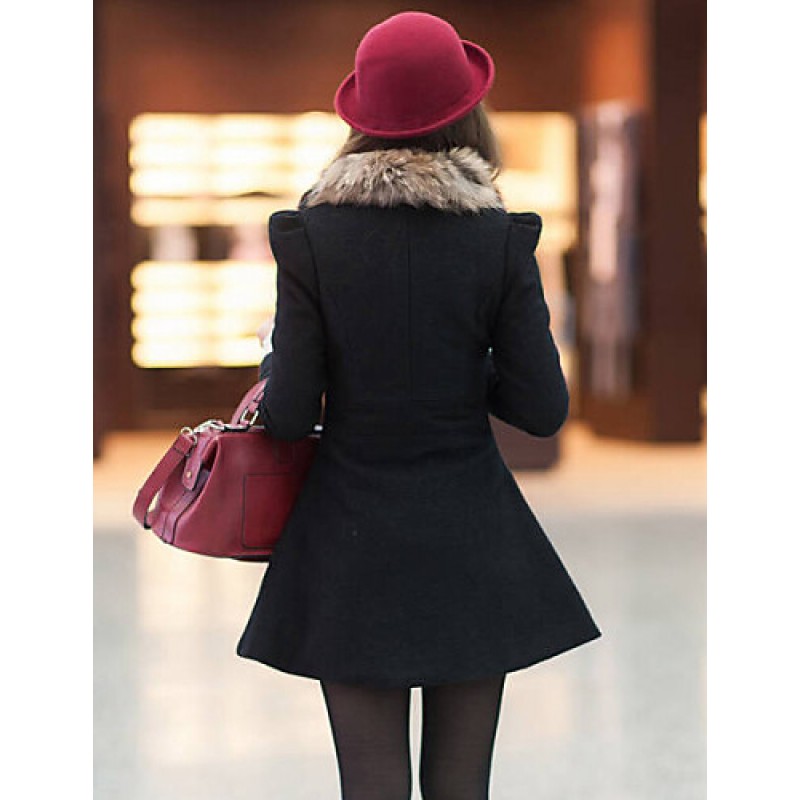 Women's Vintage Coat,Solid Shirt Collar Long Sleeve Winter Red / Black / Orange Wool / Others Thick