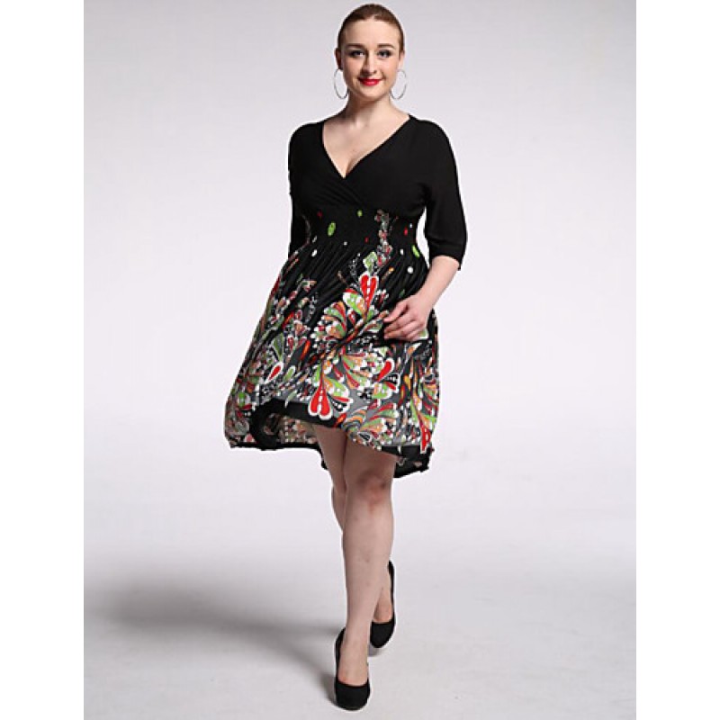 Women's Beach / Plus Size Boho Chiffon Dress,Floral V Neck Knee-length 陆 Length Sleeve Black Polyester / Spandex Summer