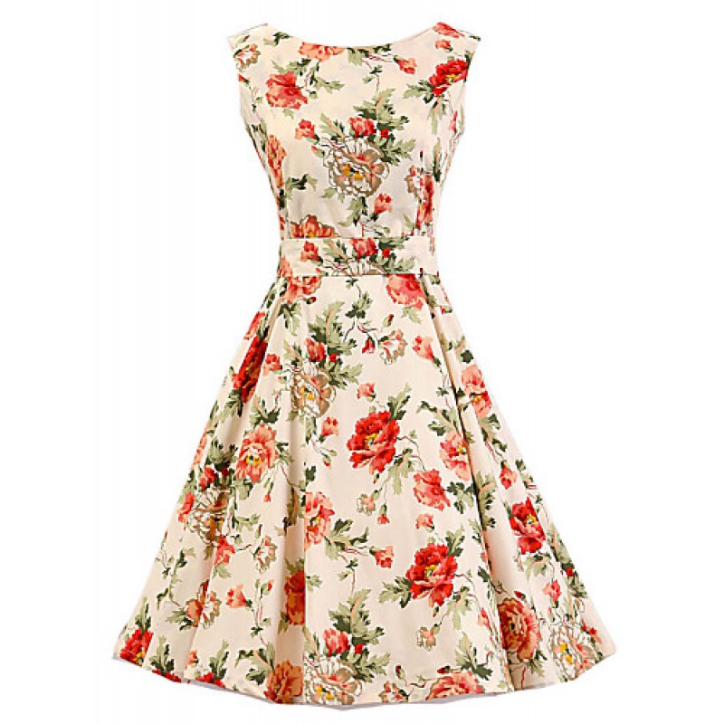 Women's Cream Floral Dress , Vintage Sleeveless 50...