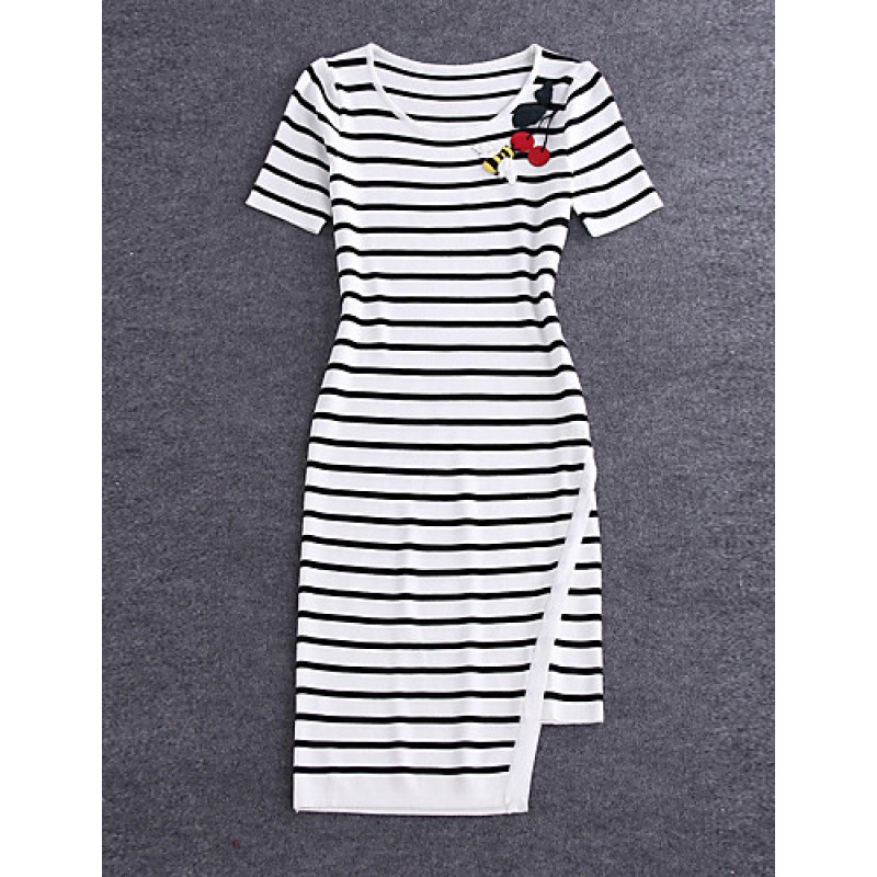 Boutique S Going out /Daily Cute Sheath DressStriped Round Neck Midi Short Sleeve White/Polyester Summer Mid Rise