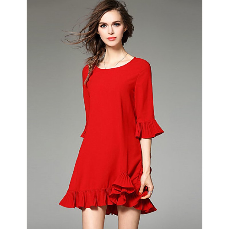  Women's Going out Cute Loose Dress,Solid Round Neck Above Knee ? Sleeve Black Cotton Spring