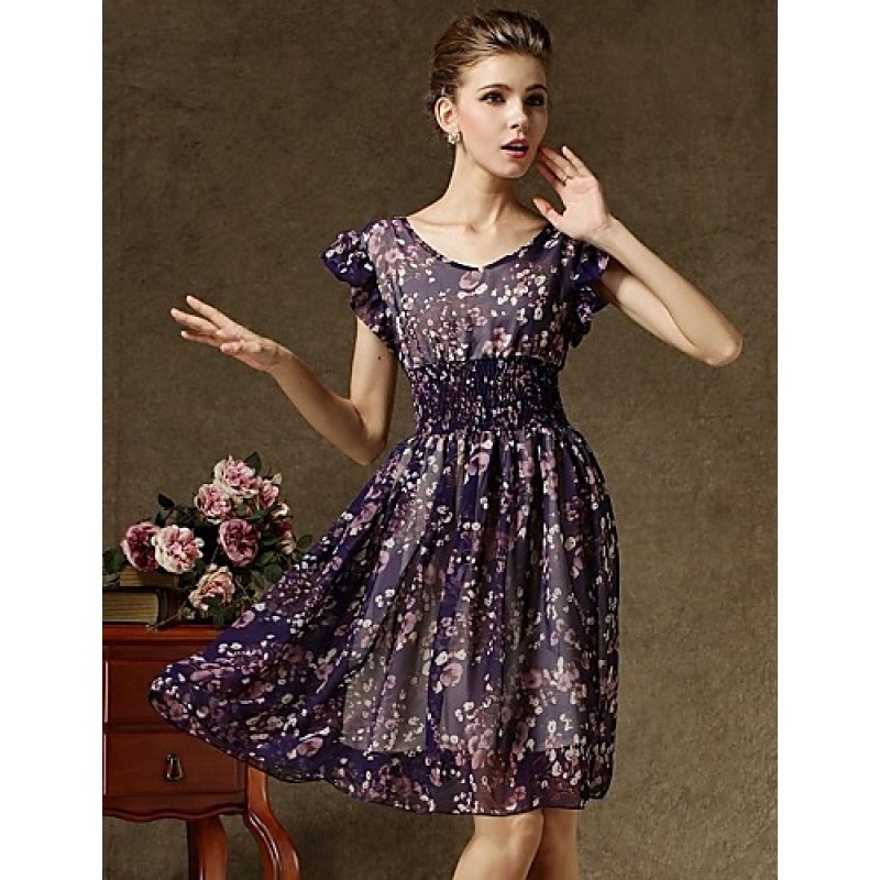 Women's Vintage Short Sleeve Floral Print Chiffon Dress