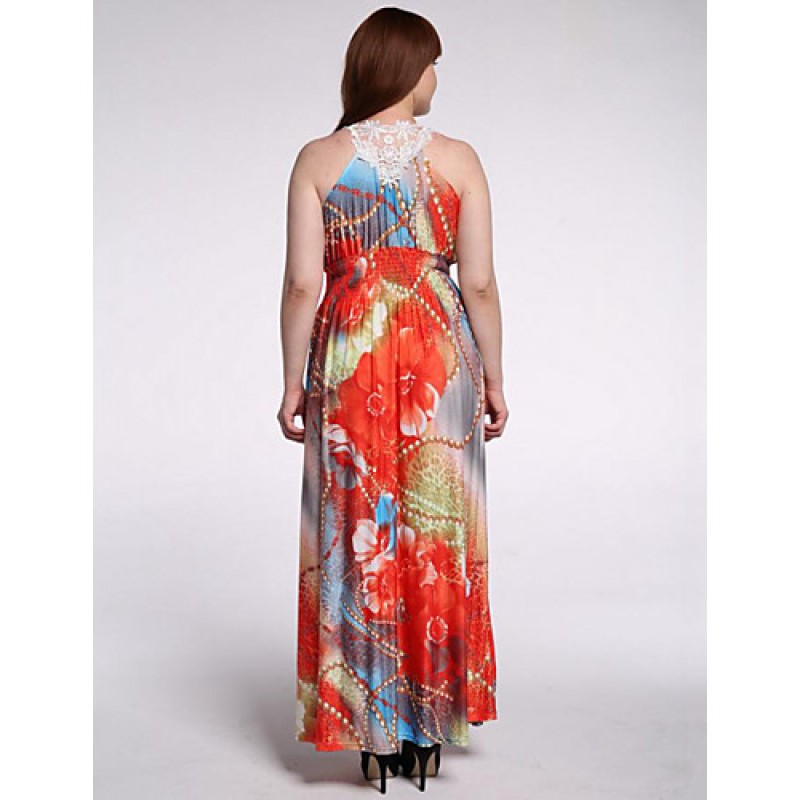 Women's Beach / Plus Size Boho Dress,Floral V Neck Maxi Sleeveless Orange Polyester / Spandex Summer