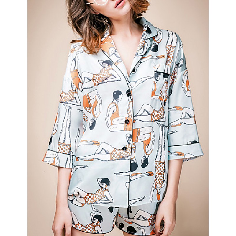 LIANGSANSHIWomen's Casual/Daily Street chic Summer Shirt,Print Shirt Collar ? Sleeve Blue Polyester / Others Thin