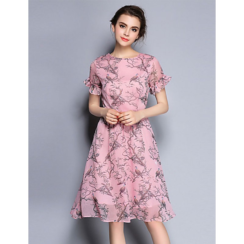 Women's Party/Cocktail Vintage Sheath / Chiffon Dress,Print Round Neck Knee-length Short Sleeve Pink Silk Summer