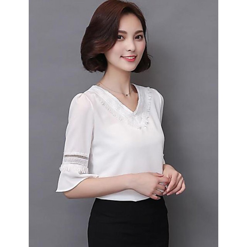 Women's Going out Street chic Fall Blouse,Solid V Neck ? Length Sleeve White Polyester Thin