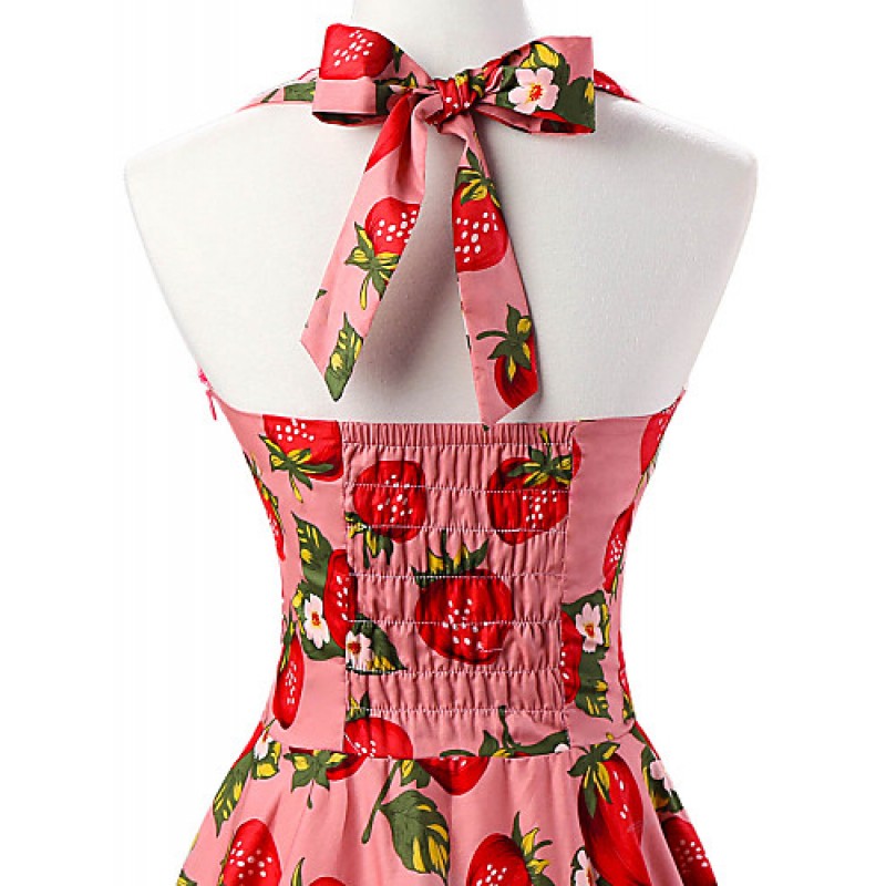 Women's Pink Strawberry Pattern Floral Dress , Vintage Halter 50s Rockabilly Swing Dress