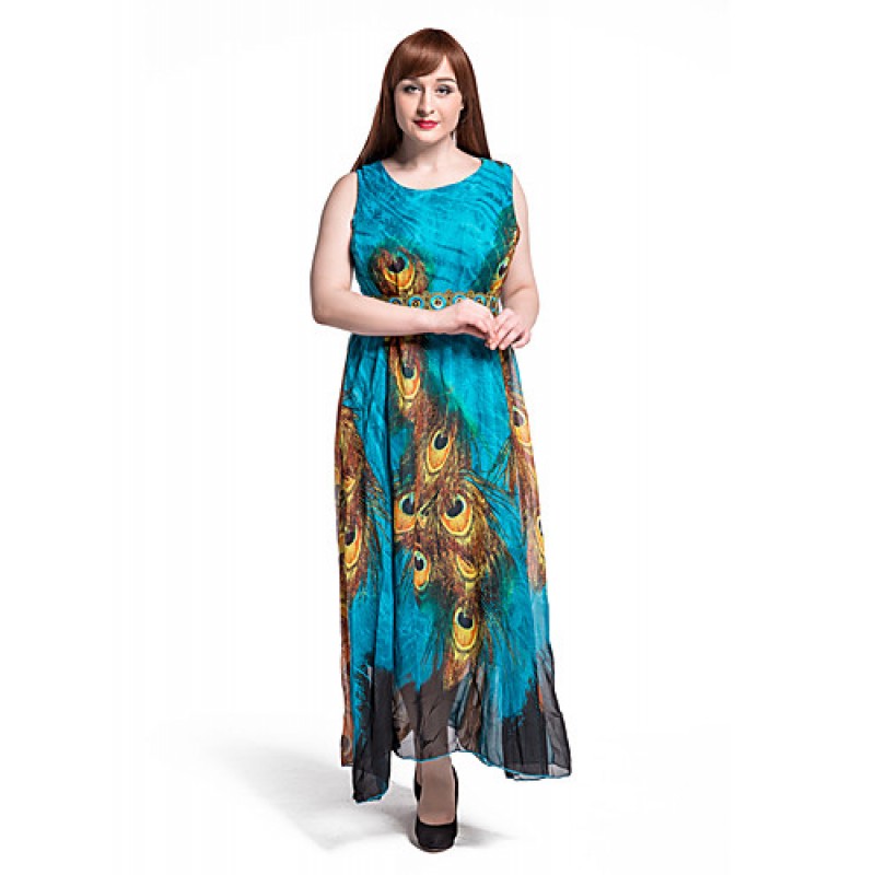 Women's Beach Plus Size / Swing Dress,Animal Print Round Neck Maxi Sleeveless Blue Polyester Summer