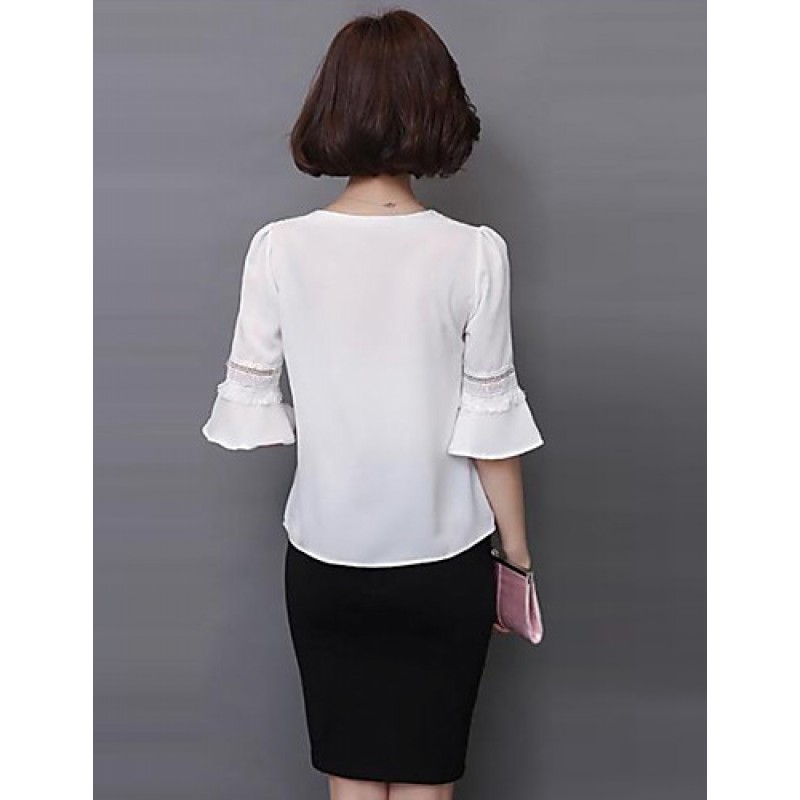 Women's Going out Street chic Fall Blouse,Solid V Neck ? Length Sleeve White Polyester Thin