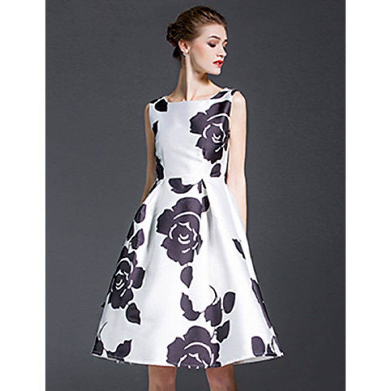 Women's Vintage Floral A Line Dress,Round Neck Kne...