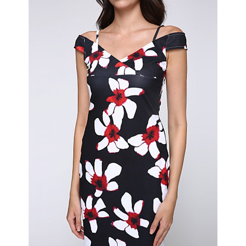 Women's Sexy Floral Bodycon Dress , V Neck Knee-length Cotton / Polyester