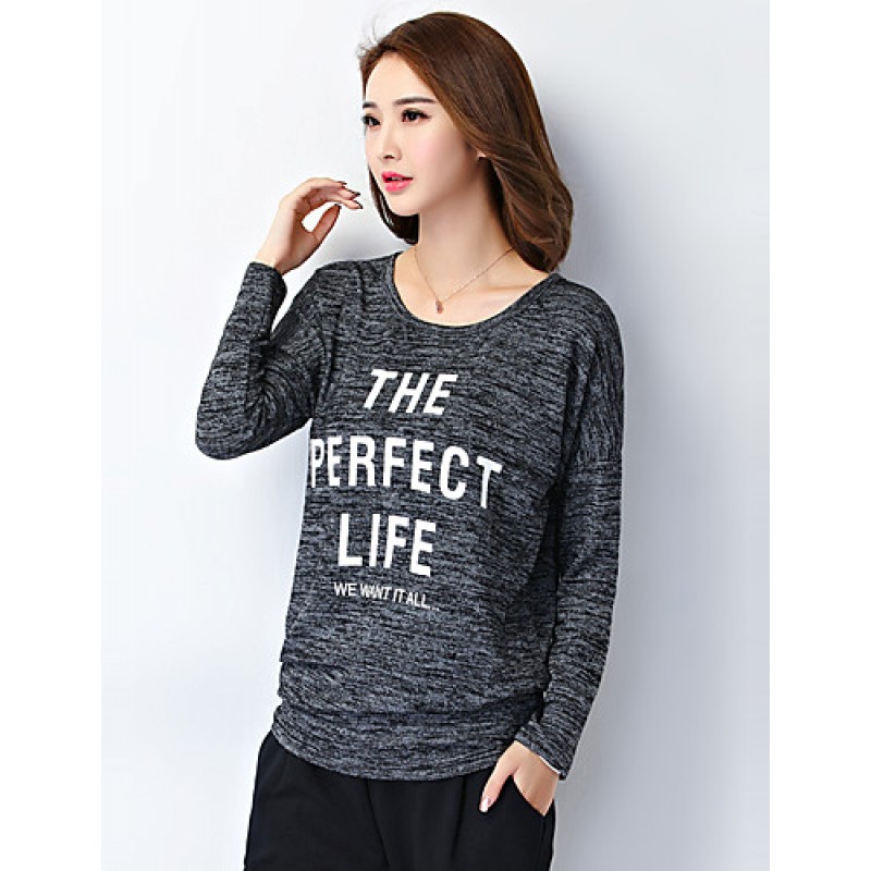 Women's Plus Size / Casual/Daily Vintage All Seasons T-shirtLetter Round Neck Long Sleeve Black Polyester Medium