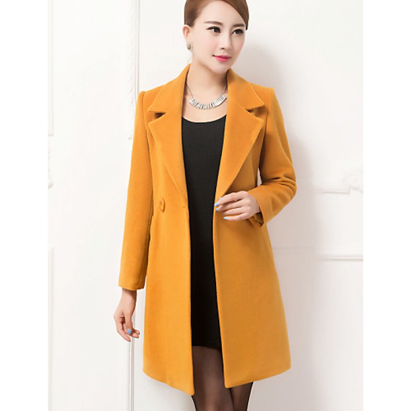 Women's Coat,Solid / Patchwork Peaked Lapel Long Sleeve Winter Blue / Black / Yellow Wool / Others Thick