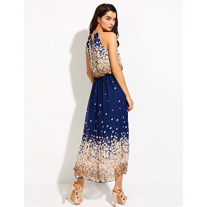 Women's Beach / Holiday Boho Chiffon / Swing Dress,Floral Halter Maxi Sleeveless Blue Polyester Spring / Summer Mid Rise Micro-elastic