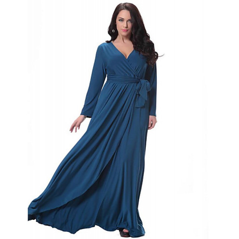 Women's Party/Cocktail Plus Size Plus Size Dress,Solid V Neck Midi Long Sleeve Blue Spandex Fall