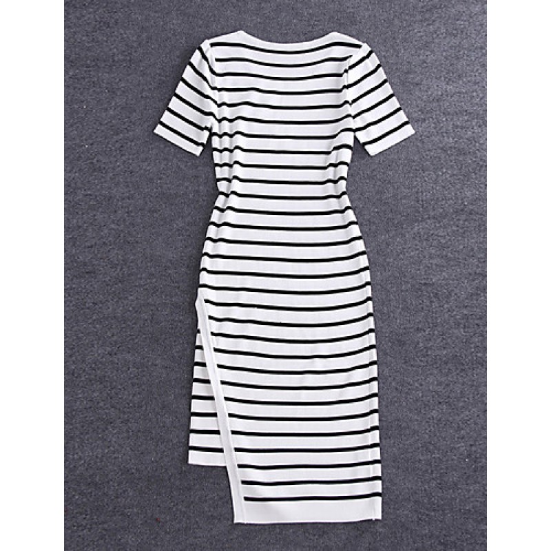 Boutique S Going out /Daily Cute Sheath DressStriped Round Neck Midi Short Sleeve White/Polyester Summer Mid Rise