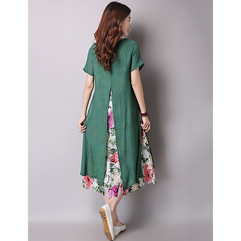 Women's Vintage Ethnic Print Floral Loose Dress,Casual/Daily Round Neck False two Midi Sweet Cotton / Linen