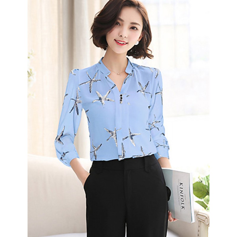 Women's Casual/Daily Street chic All Seasons ShirtPrint Stand Long Sleeve Blue / White / Black Rayon / Polyester Thin