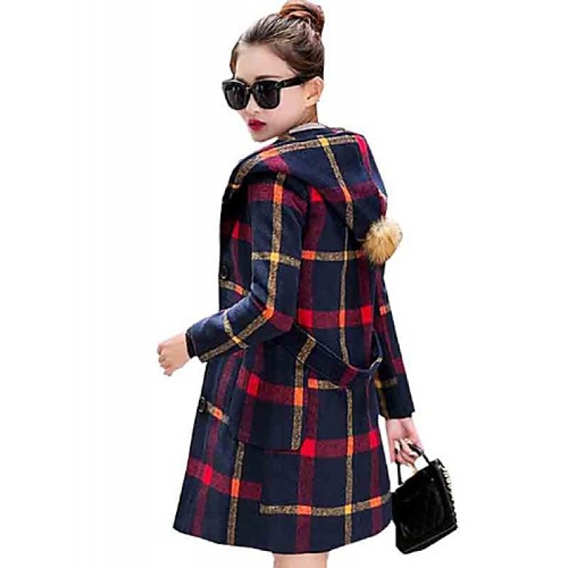 Women's Going out Cute Preppy Style Coat,Plaid Hooded Long Sleeve Winter Blue