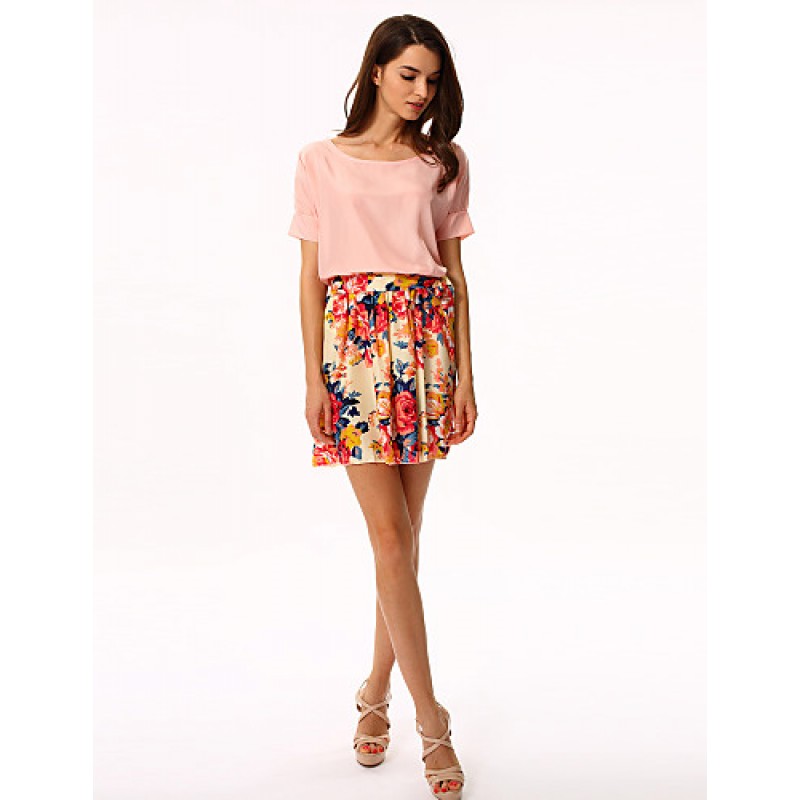 Women's White/Pink Round Flower Print Chiffon Short Sleeve Dress