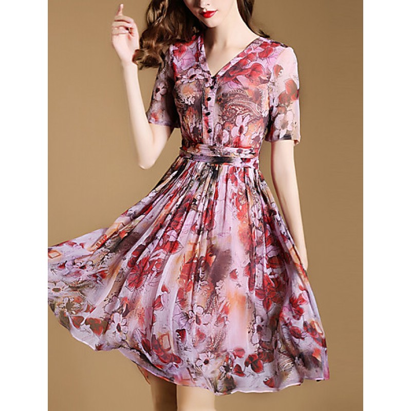 Women's Vintage Print Sheath Dress,V Neck Knee-len...