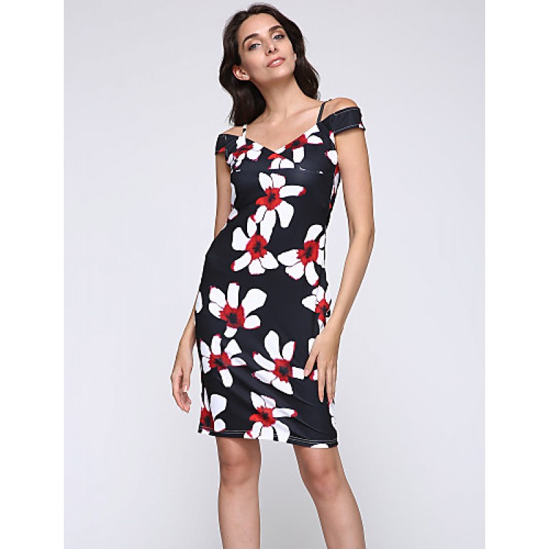 Women's Sexy Floral Bodycon Dress , V Neck Knee-length Cotton / Polyester