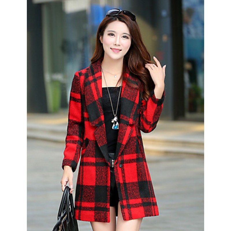 Women's Casual/Daily Simple Coat,Print Shirt Collar Long Sleeve Winter Blue / Red / Black Acrylic Thick