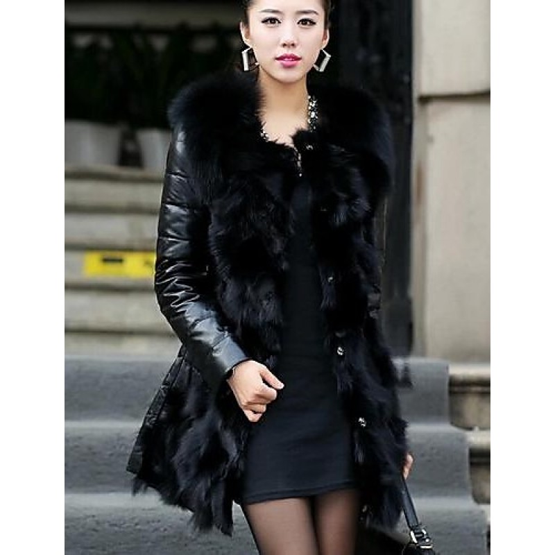 Women's Winter Fox Fur Leather Coat