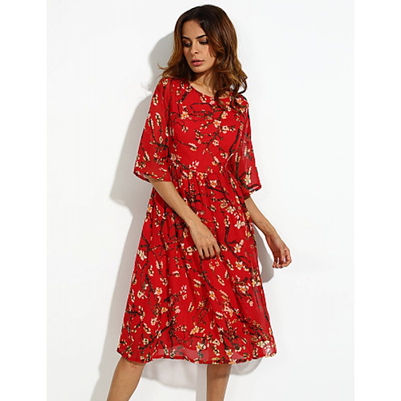 Women's Casual/Daily Boho / Street chic Plus Size / Chiffon Dress,Floral Round Neck Midi ? Length Sleeve Red Silk Summer