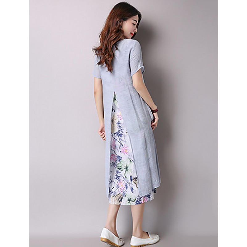 Women's Vintage Ethnic Print Floral Loose Dress,Casual/Daily Round Neck False two Midi Sweet Cotton / Linen