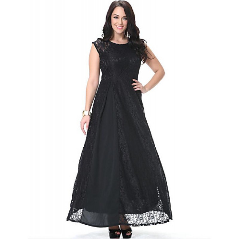 Women's Beach Plus Size / Lace Dress,Solid Round Neck Maxi Sleeveless Black Polyester Spring