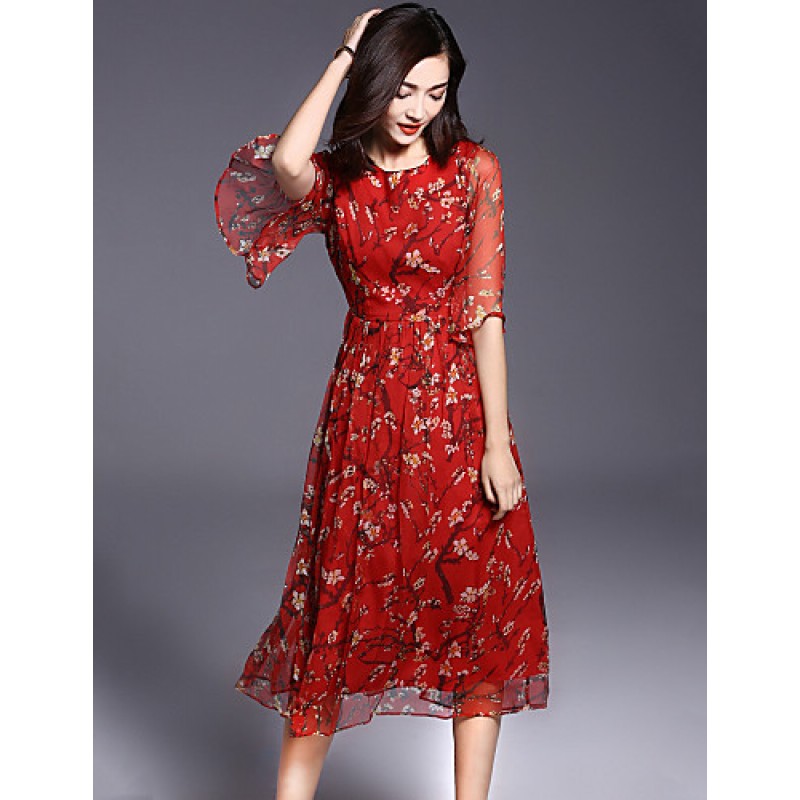 Women's Casual/Daily Boho / Street chic Plus Size / Chiffon Dress,Floral Round Neck Midi ? Length Sleeve Red Silk Summer