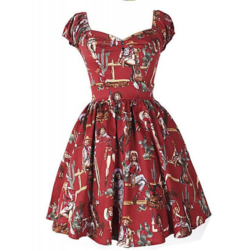 Women's Going out Vintage A Line Dress,Print Square Neck Above Knee Short Sleeve Pink / Red / Black / Green Polyester Summer