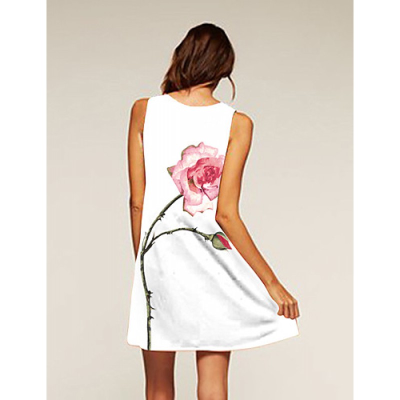 Women's Simple / Street chic Loose Dress,Floral Round Neck Above Knee Sleeveless White Polyester Summer