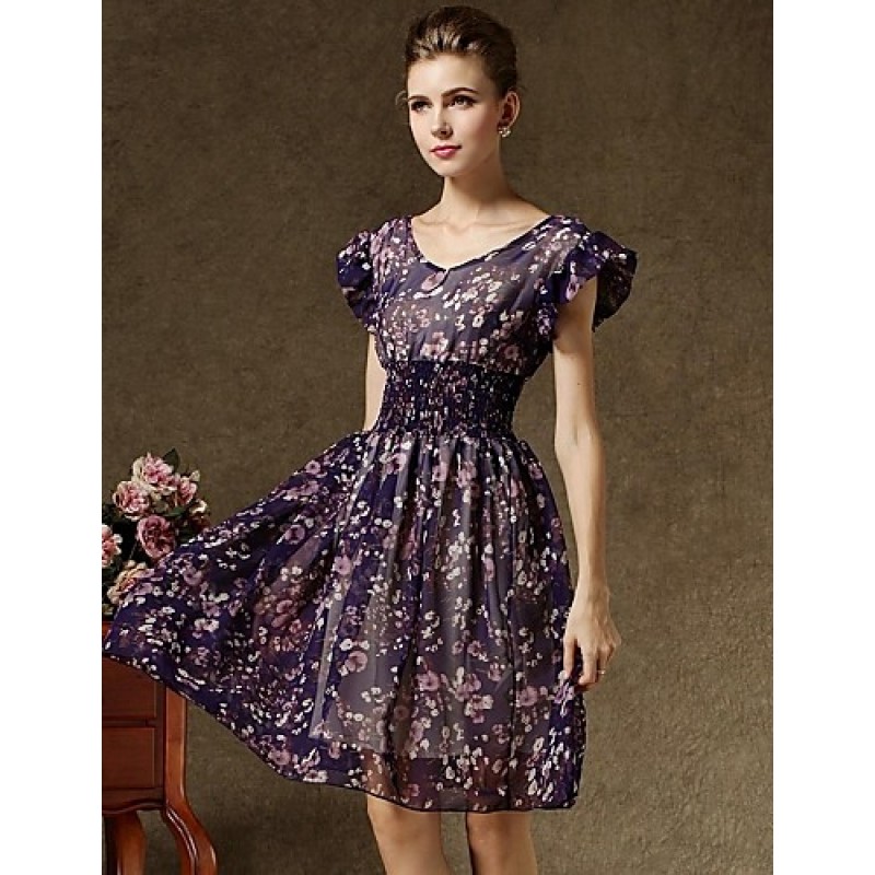 Women's Vintage Short Sleeve Floral Print Chiffon Dress