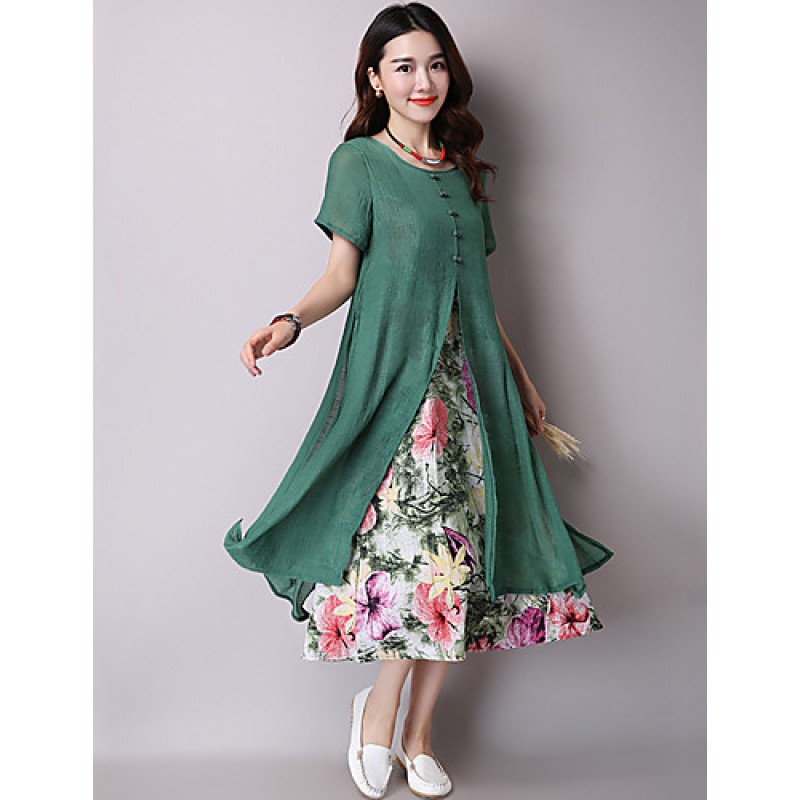 Women's Vintage Ethnic Print Floral Loose Dress,Casual/Daily Round Neck False two Midi Sweet Cotton / Linen