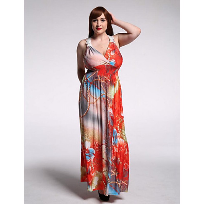 Women's Beach / Plus Size Boho Dress,Floral V Neck Maxi Sleeveless Orange Polyester / Spandex Summer