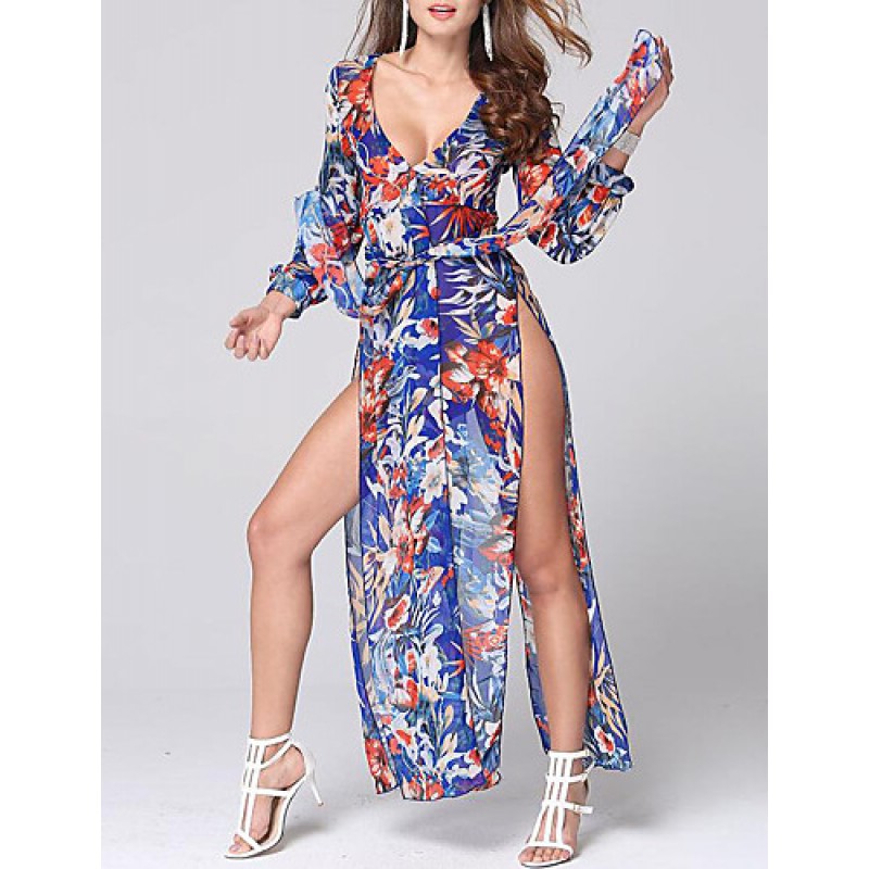 Women's Sexy Beach Casual Night Club Party Print Maxi Dress with Belt