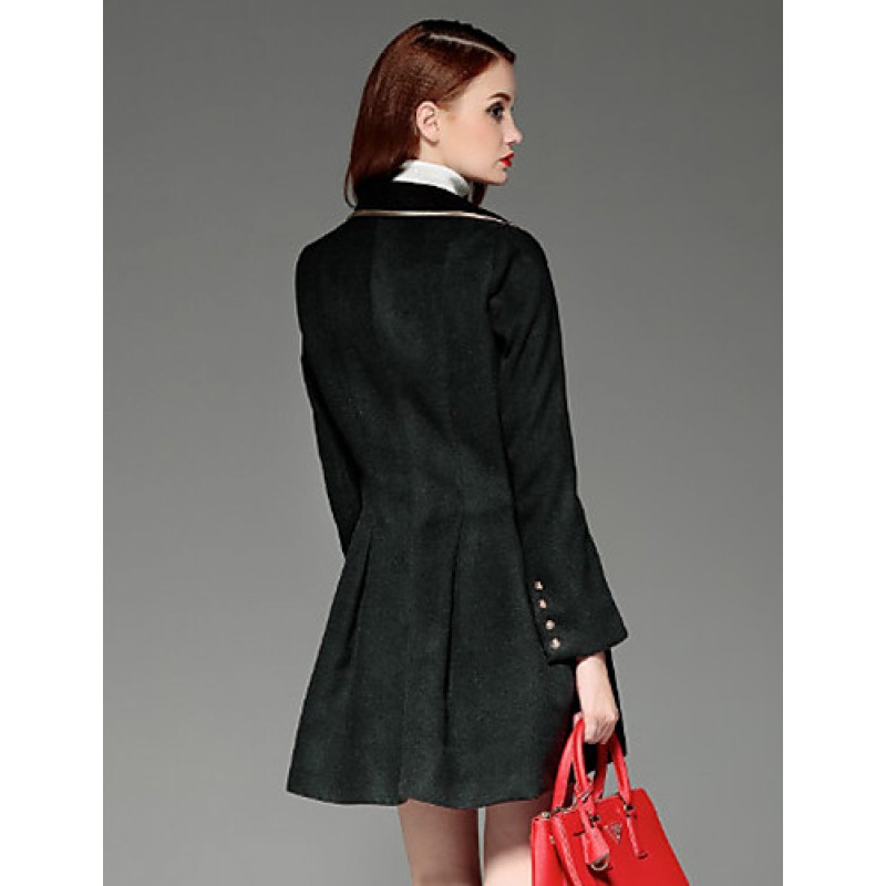  Women's Going out Vintage Coat,Solid Notch Lapel Long Sleeve Winter Black Wool Opaque