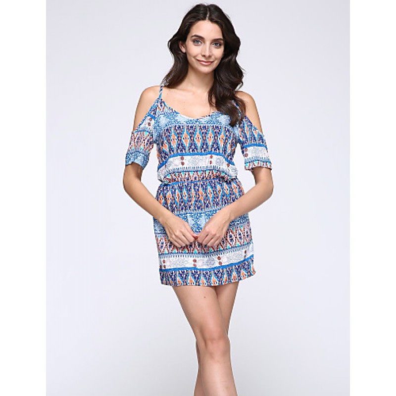 Women's Casual/Daily Boho Sheath Dress,Print Strap Above Knee Short Sleeve Blue Polyester Summer