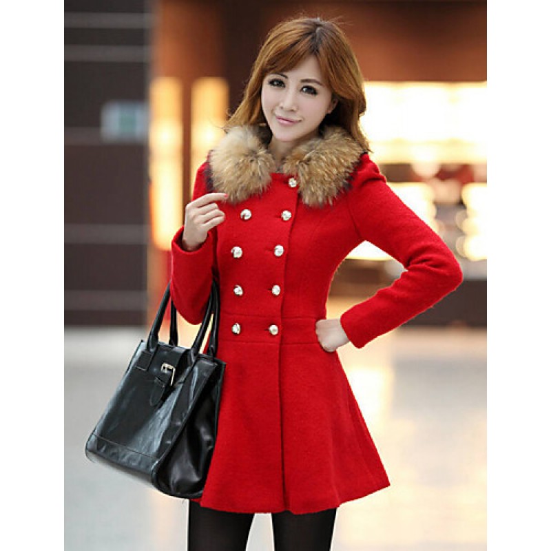 Women's Vintage Coat,Solid Shirt Collar Long Sleeve Winter Red / Black / Orange Wool / Others Thick