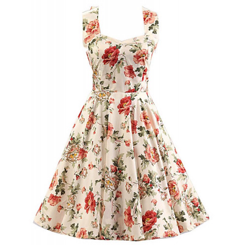 Women's Cream Floral Dress , Vintage Halter 50s Ro...